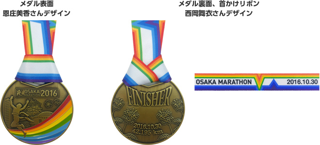 メダル表面：恩庄美香さんデザイン　メダル裏面、首かけリボン：西岡舞衣さんデザイン