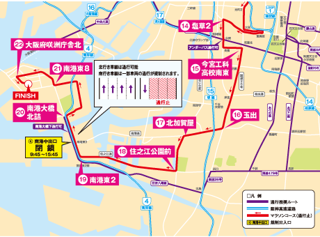 第3回 大阪マラソン  交通規制のお知らせ　平成25年10月27日（日）　規制時間（おおむね）9：25ごろ～16：30ごろ